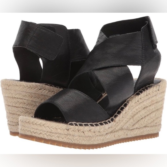 Eileen Fisher Willow Espadrille Wedge Sandals Tumbled Leather Black Size 7 - Picture 2 of 9